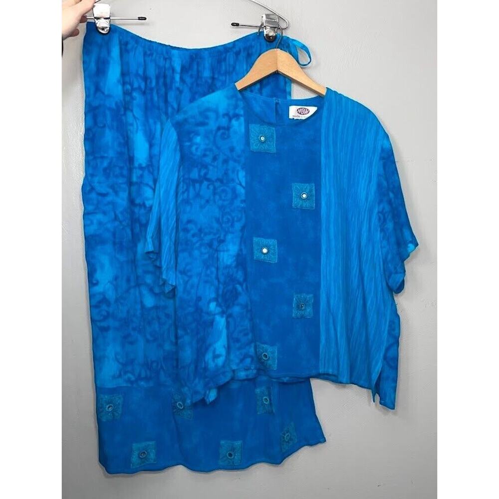 Womens Size 14 16 Blue Crinkle Skirt Top Set Outfit Wearable Art Artsy Lagenlook